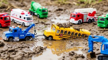 Toy School Bus Stuck in Mud being Rescued by Tow Truck