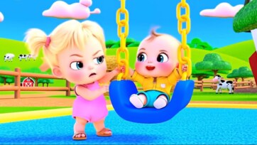 Grumpy Toddler Girl and Happy Baby Playing on Playground Swing