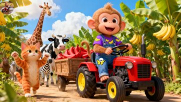 Happy Monkey Farmer Driving Red Tractor with Jungle Animals