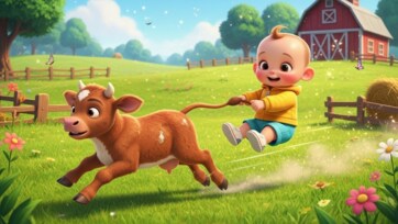 Cute Baby Holding Calf's Tail and Sliding on Green Grass